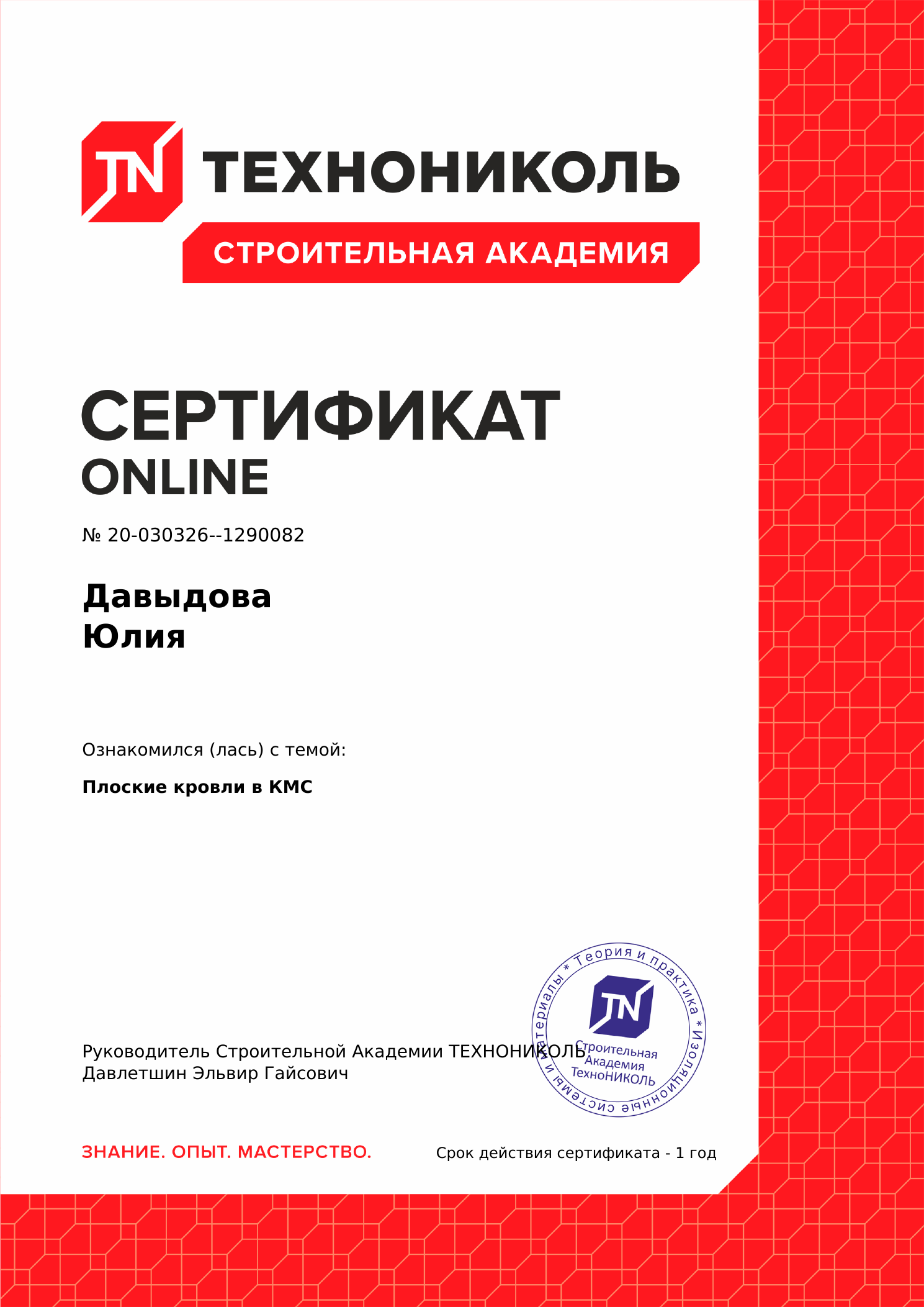 Сертификат Давыдовой Юлии