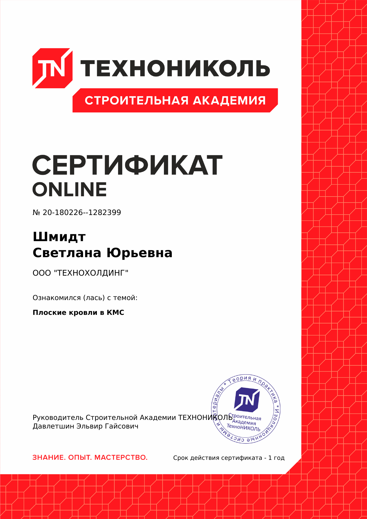 Сертификат Шмидт Светланы Юрьевны № 1282399
